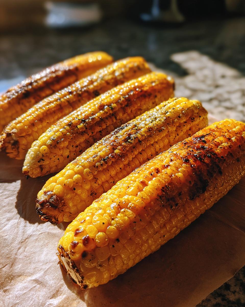 Close-up of grilled corn on the cob, seasoned and slightly charred, ready for a grilling recipe.