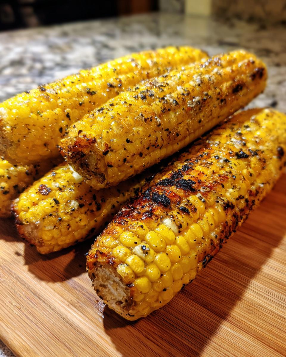 Close-up of perfectly grilled corn on the cob, seasoned and slightly charred, ready to be served.