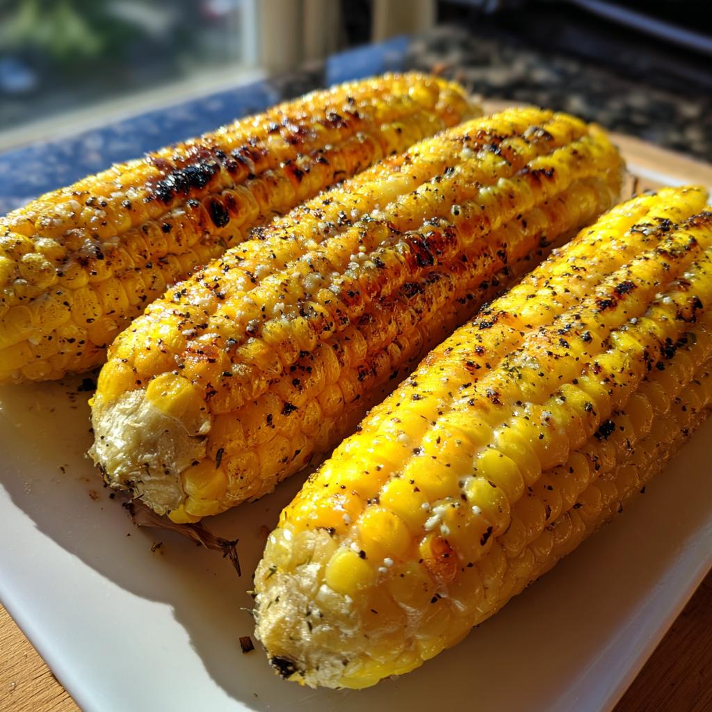 Three ears of grilled corn on the cob, seasoned with herbs and pepper, ready to eat.