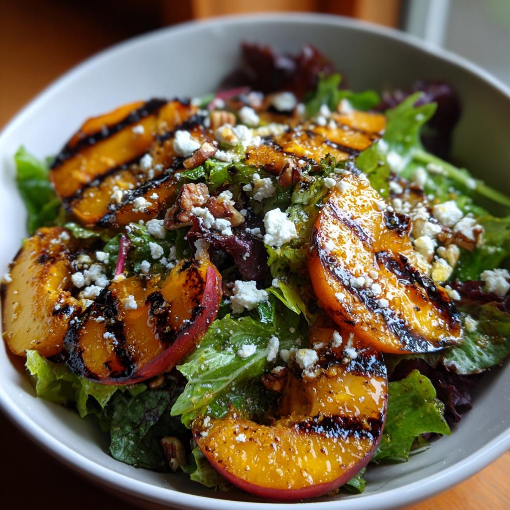 Close-up of a refreshing grilled peach salad with mixed greens, crumbled feta cheese, and chopped nuts, drizzled with honey dressing.