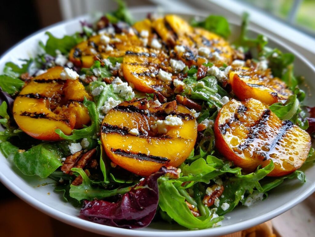 A vibrant grilled peach salad with mixed greens, crumbled feta cheese, pecans, and a honey dressing.