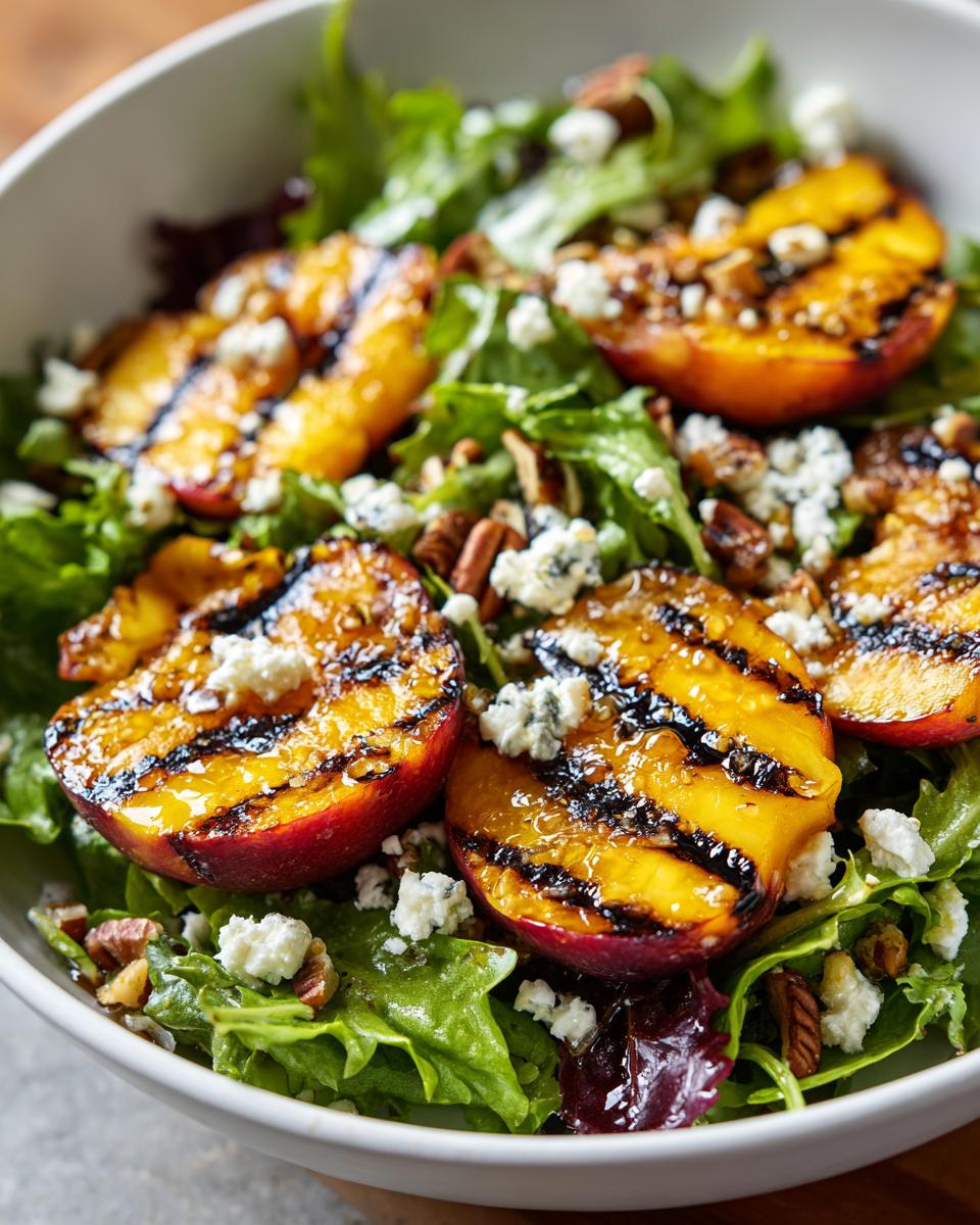 A refreshing grilled peach salad featuring caramelized peaches, mixed greens, crumbled blue cheese, and pecans, drizzled with honey dressing.