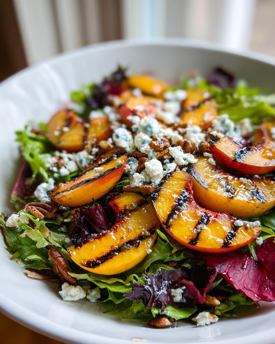 Close-up of a refreshing grilled peach salad with blue cheese, pecans, and a honey dressing.