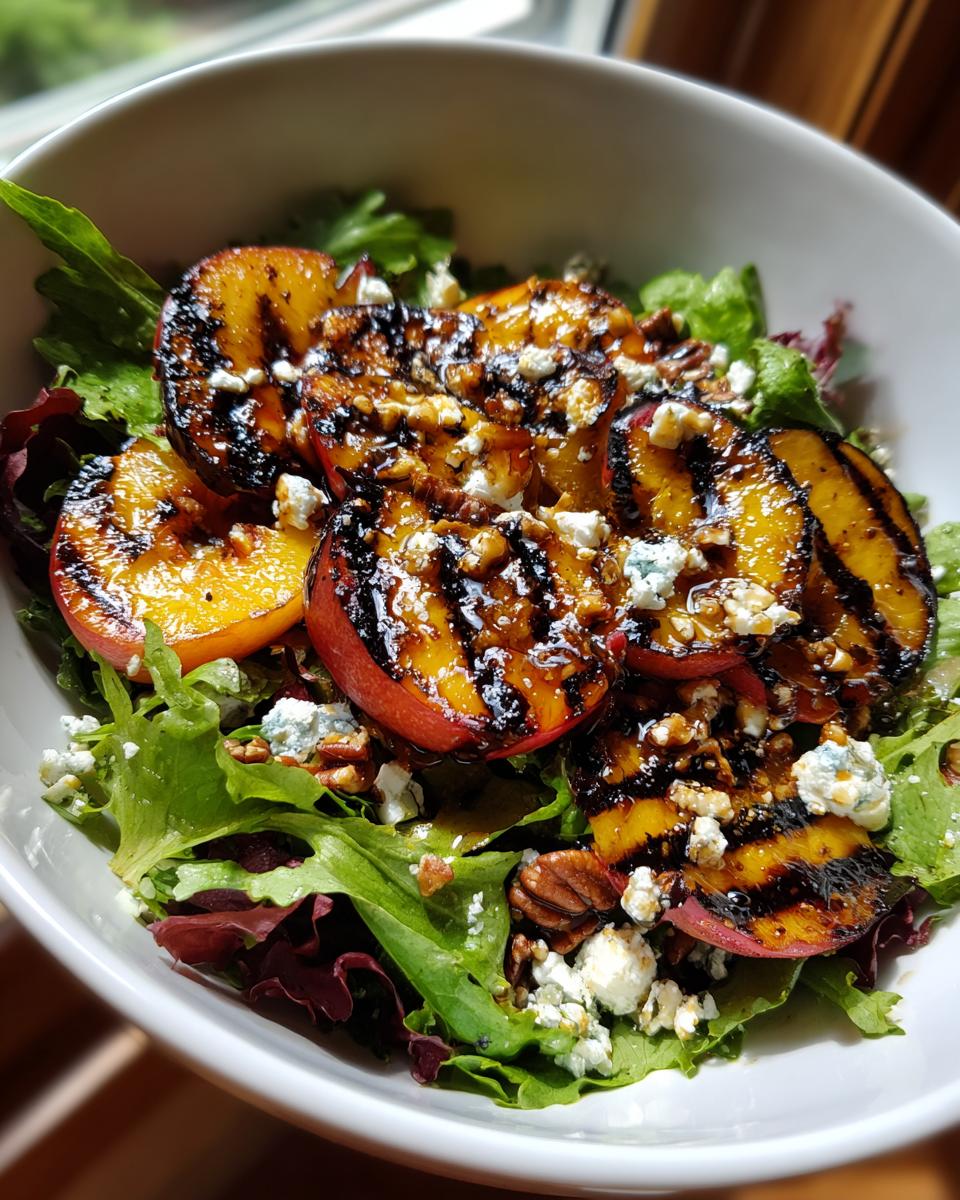 A bowl of grilled peach salad with mixed greens, crumbled blue cheese, pecans, and a drizzle of honey dressing.