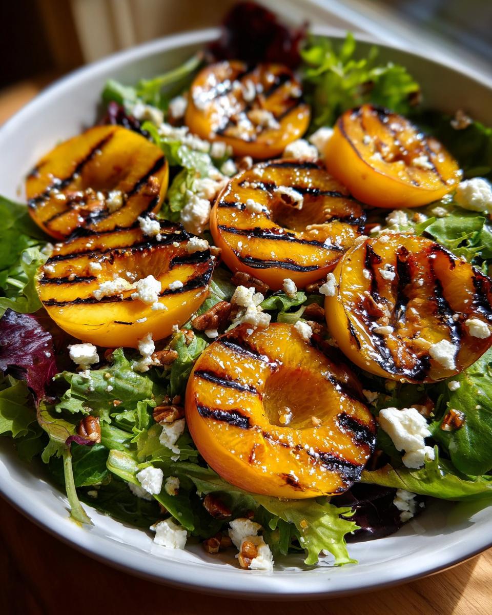A close-up of a vibrant salad featuring grilled peach halves, crumbled feta cheese, and chopped pecans on a bed of mixed greens, drizzled with honey dressing.