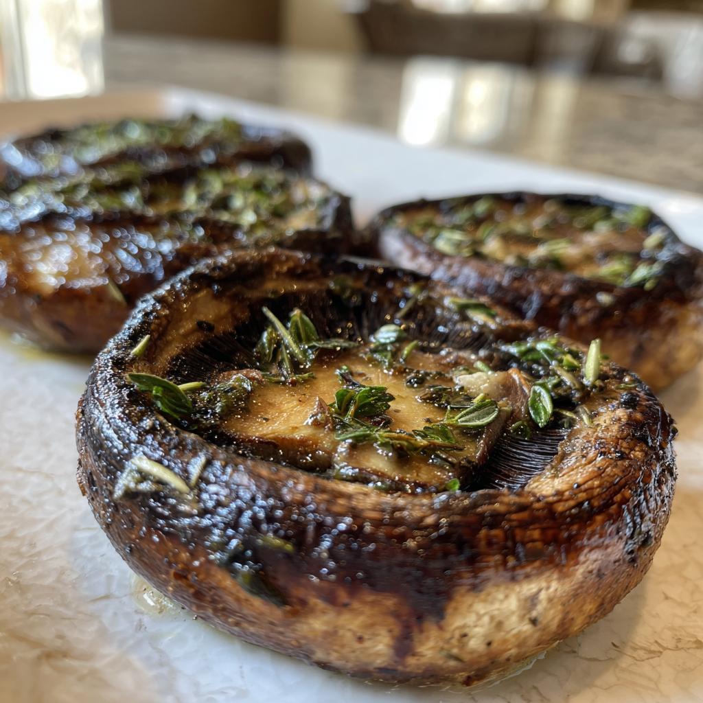 Close-up of perfectly grilled portobello mushrooms, seasoned with fresh herbs, ready for an easy outdoor meal.