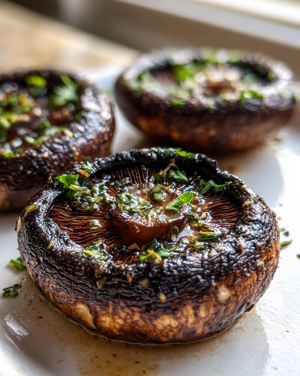 Close-up of three grilled portobello mushrooms topped with fresh herbs and garlic, ready for an easy outdoor meal.