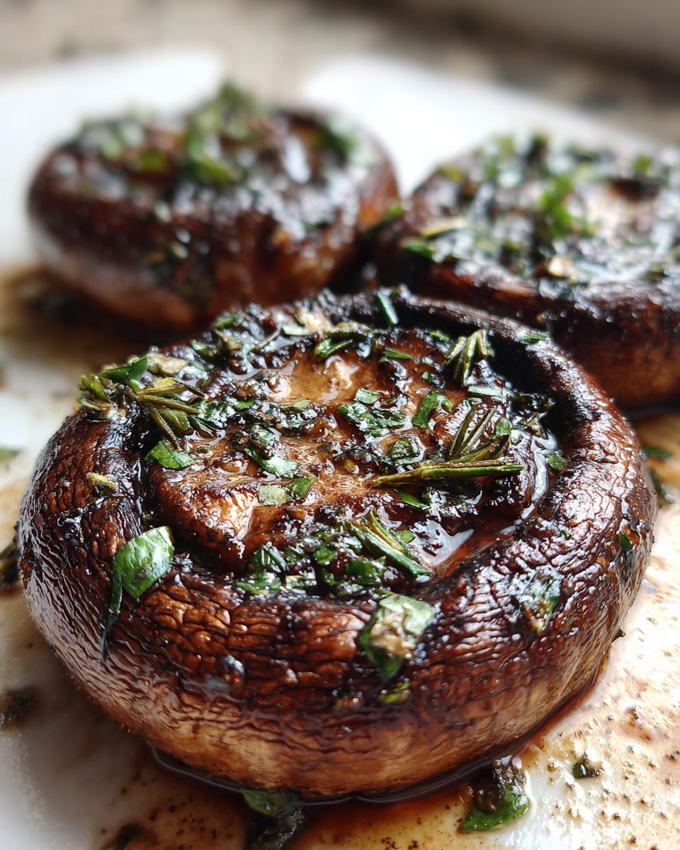 Close-up of three grilled portobello mushrooms topped with fresh herbs and glistening marinade.