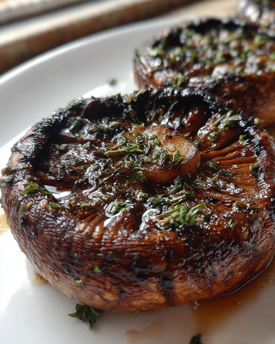 Close-up of juicy, grilled portobello mushrooms seasoned with herbs, perfect for grilling recipes.