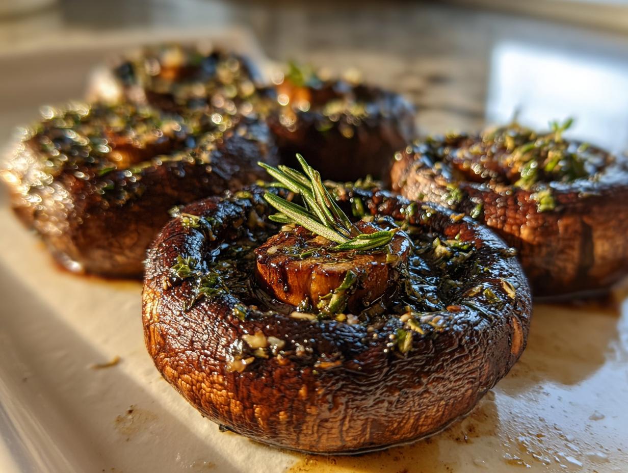 Close-up of grilled portobello mushrooms seasoned with herbs and garlic, ready for an easy outdoor meal.