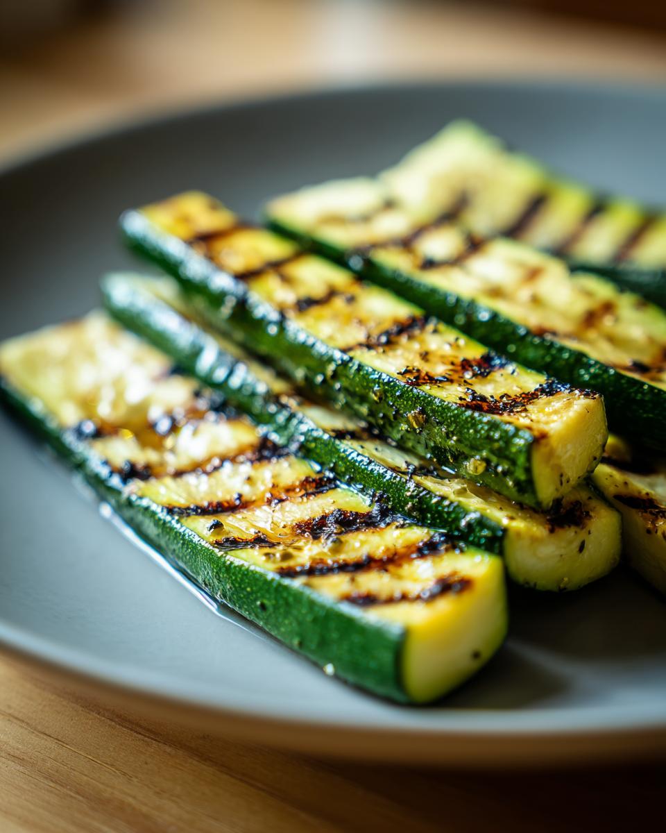 Close-up of perfectly grilled zucchini slices with char marks, seasoned and glistening on a plate.