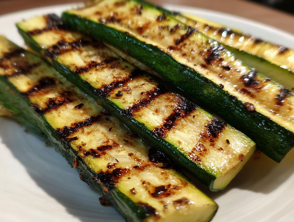 Close-up of perfectly grilled zucchini slices with char marks, showcasing their tender texture.