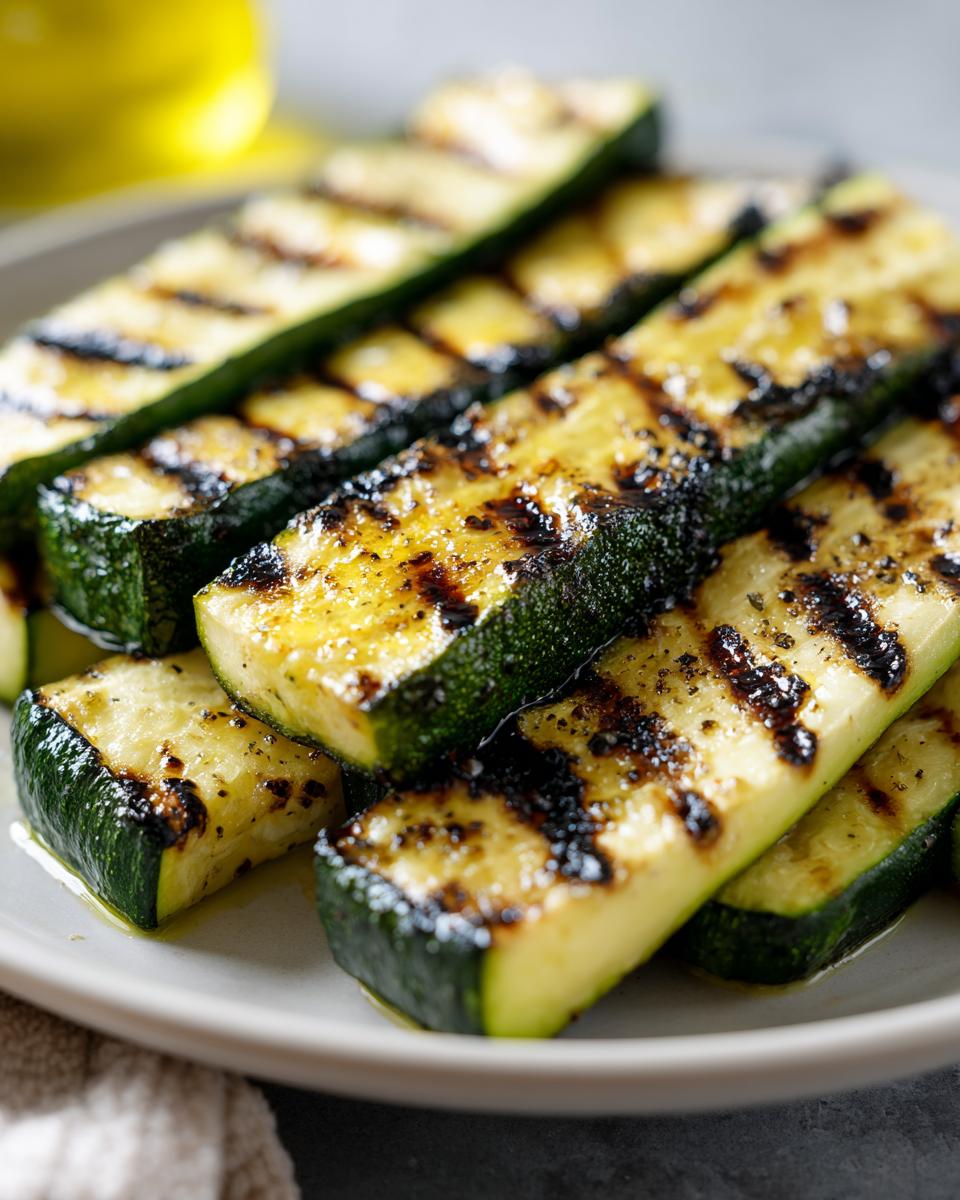 Close-up of perfectly grilled zucchini slices, seasoned and glistening with oil, showcasing beautiful grill marks.