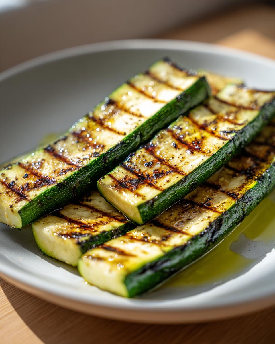 Close-up of perfectly grilled zucchini slices with char marks, glistening with olive oil, ready to be served.