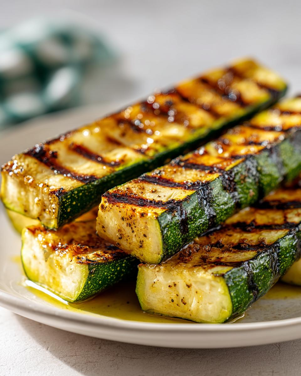 Close-up of grilled zucchini slices on a plate, showing grill marks and glistening oil. Perfect for grilling recipes.