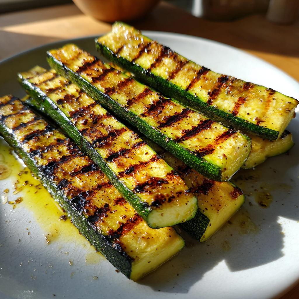 Close-up of perfectly grilled zucchini slices with char marks, glistening with oil and seasoning, a delicious side dish.