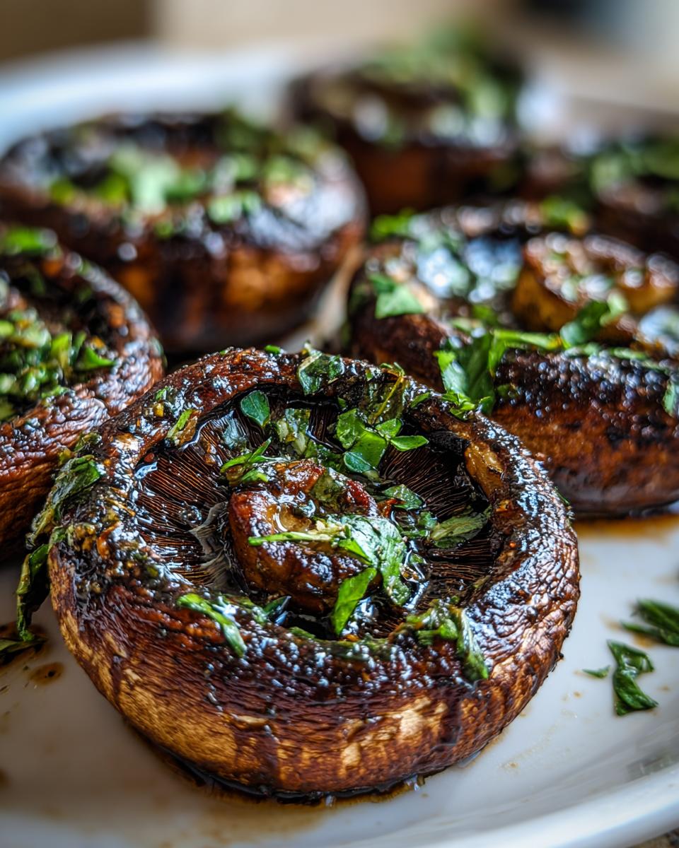 Close-up of grilled portobello mushrooms stuffed with herbs, ready for an easy outdoor meal.