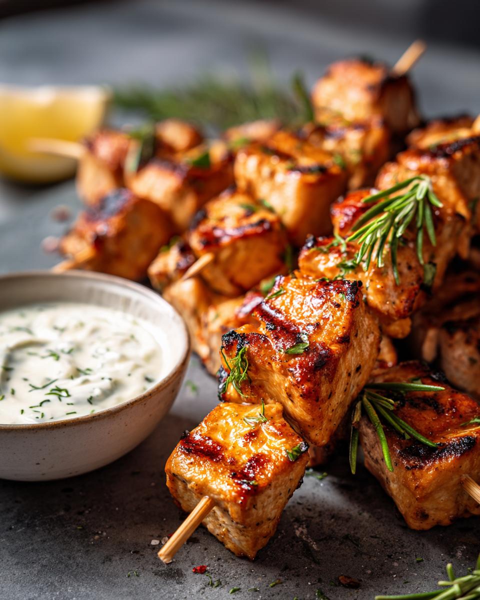 Close-up of grilled smoky chicken skewers served with a creamy garlic yogurt dip and fresh rosemary.