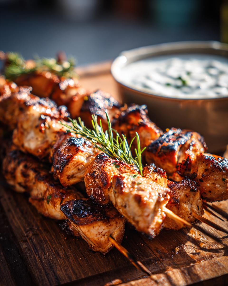 Close-up of smoky chicken skewers with rosemary, served with a bowl of garlic yogurt dip.