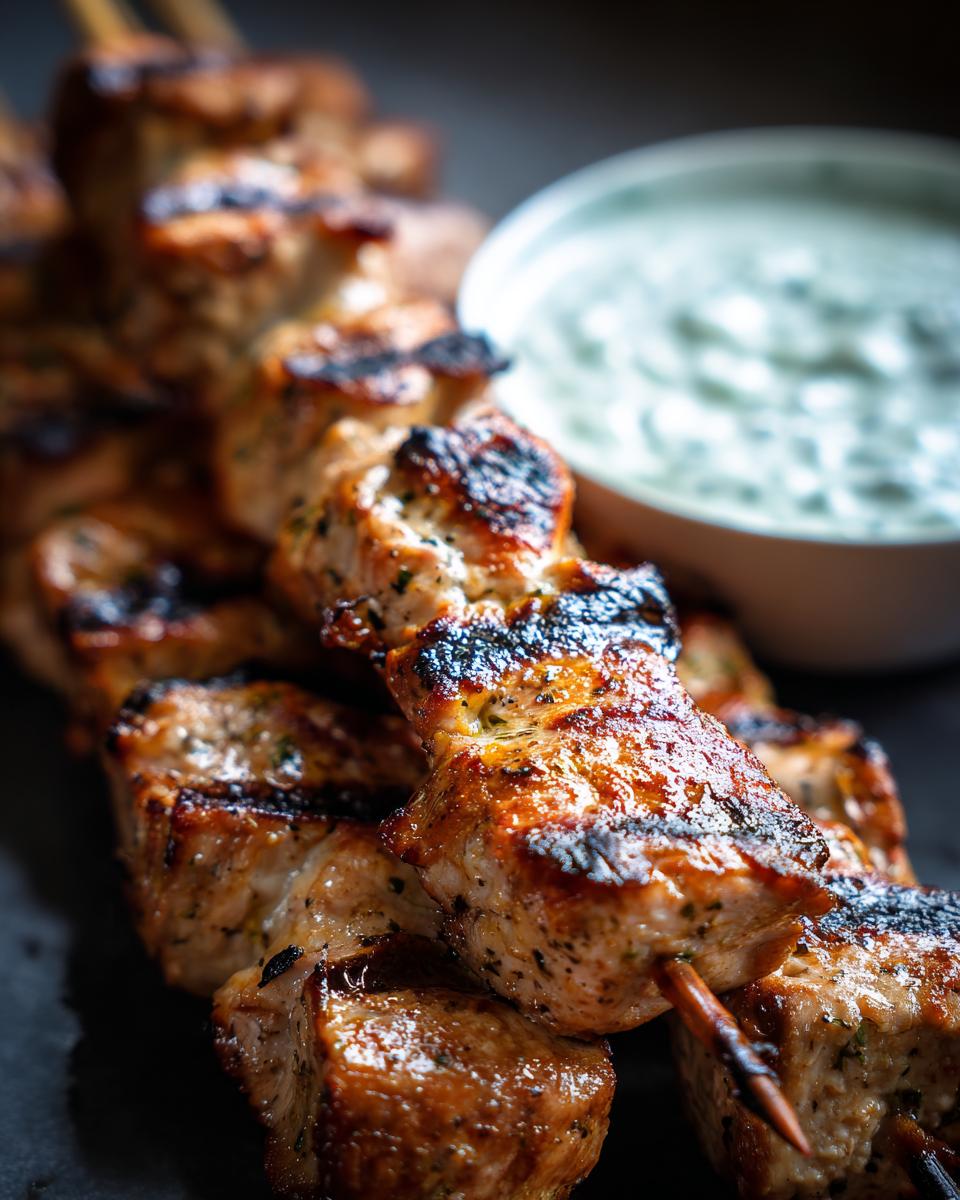 Close-up of grilled smoky chicken skewers served with a bowl of garlic yogurt dipping sauce.