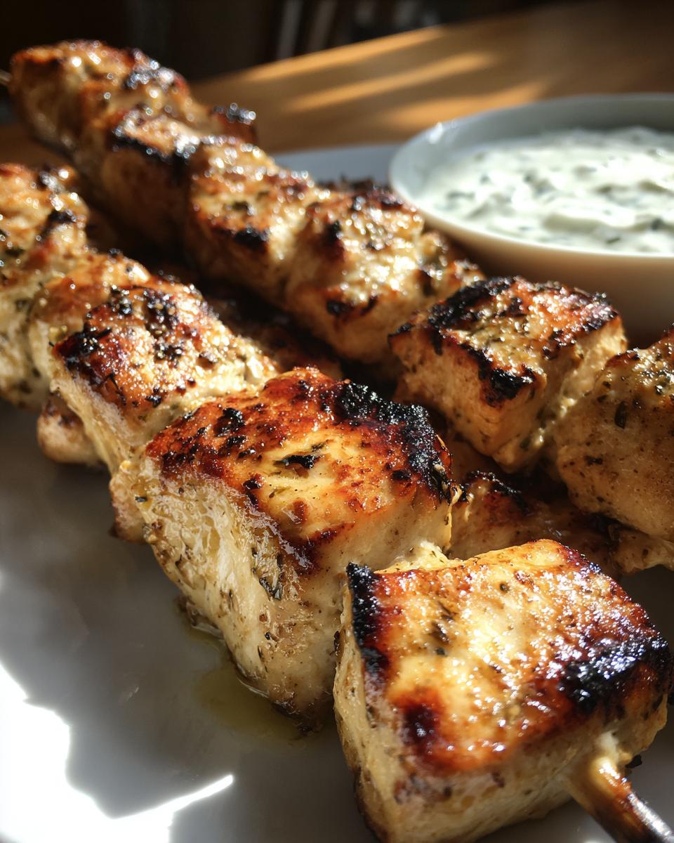 Close-up of perfectly grilled smoky chicken skewers served with a side of creamy garlic yogurt dip.