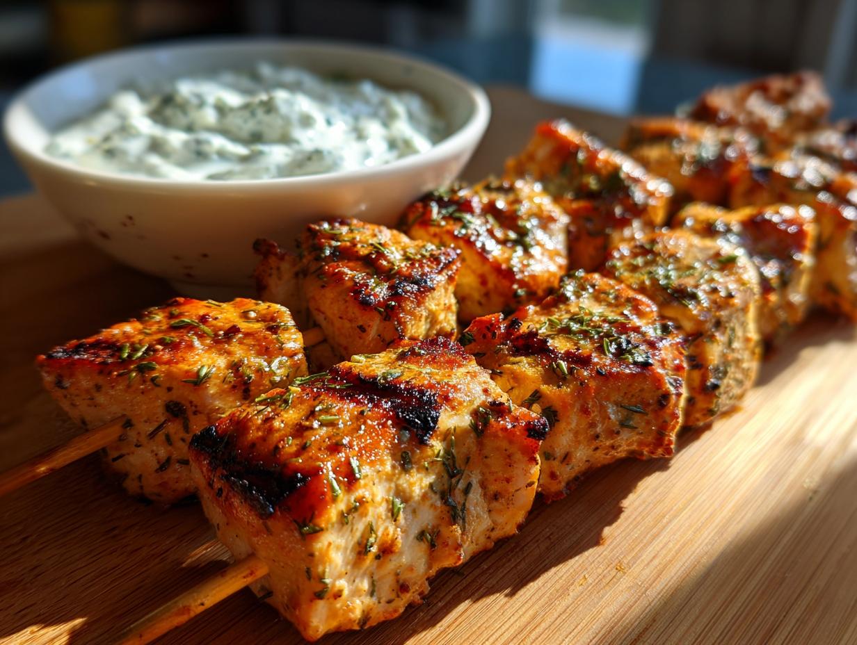 Close-up of grilled chicken skewers with herbs, served with a bowl of garlic yogurt dip.