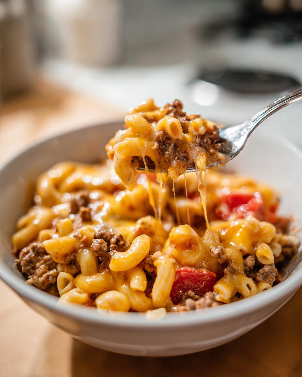 A fork lifting a cheesy bite of ground beef taco pasta, showing melted cheese and elbow macaroni.