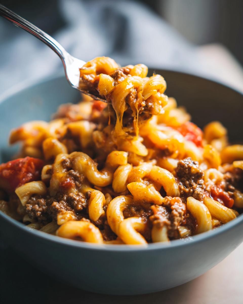 A fork lifts a cheesy bite of ground beef recipes with cheesy taco pasta, showing melted cheese stretching.