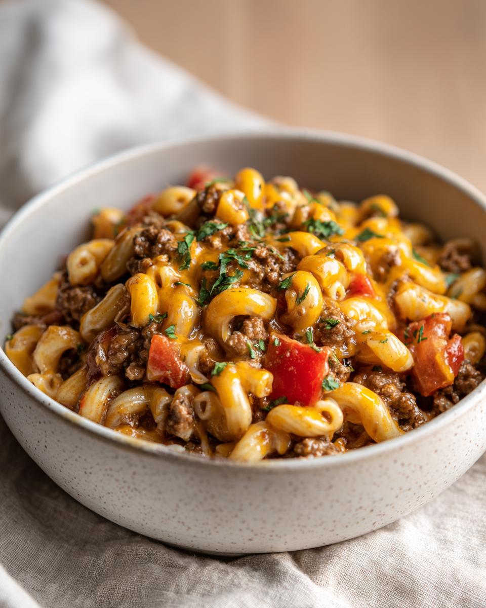 A bowl of cheesy taco pasta with ground beef, macaroni, diced tomatoes, and parsley.