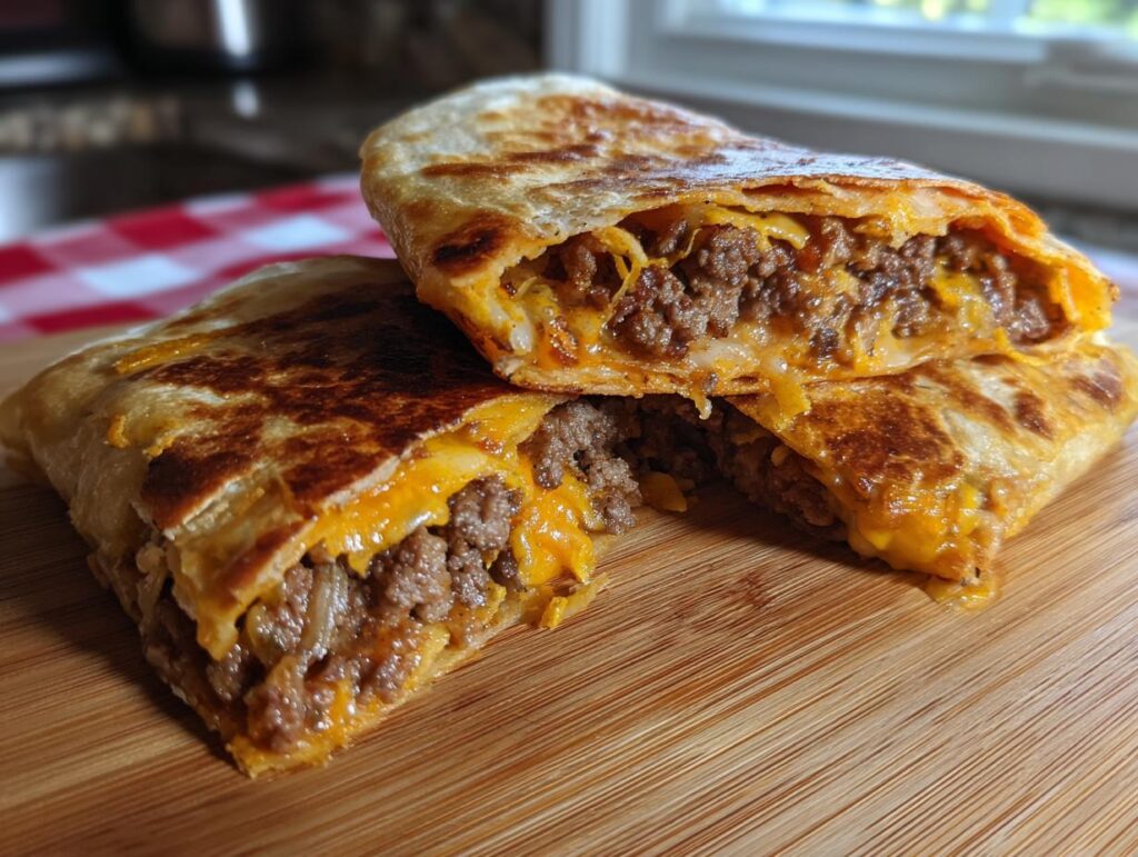 Close-up of a homemade ground beef crunchwrap cut in half, showing seasoned ground beef and melted cheese inside.