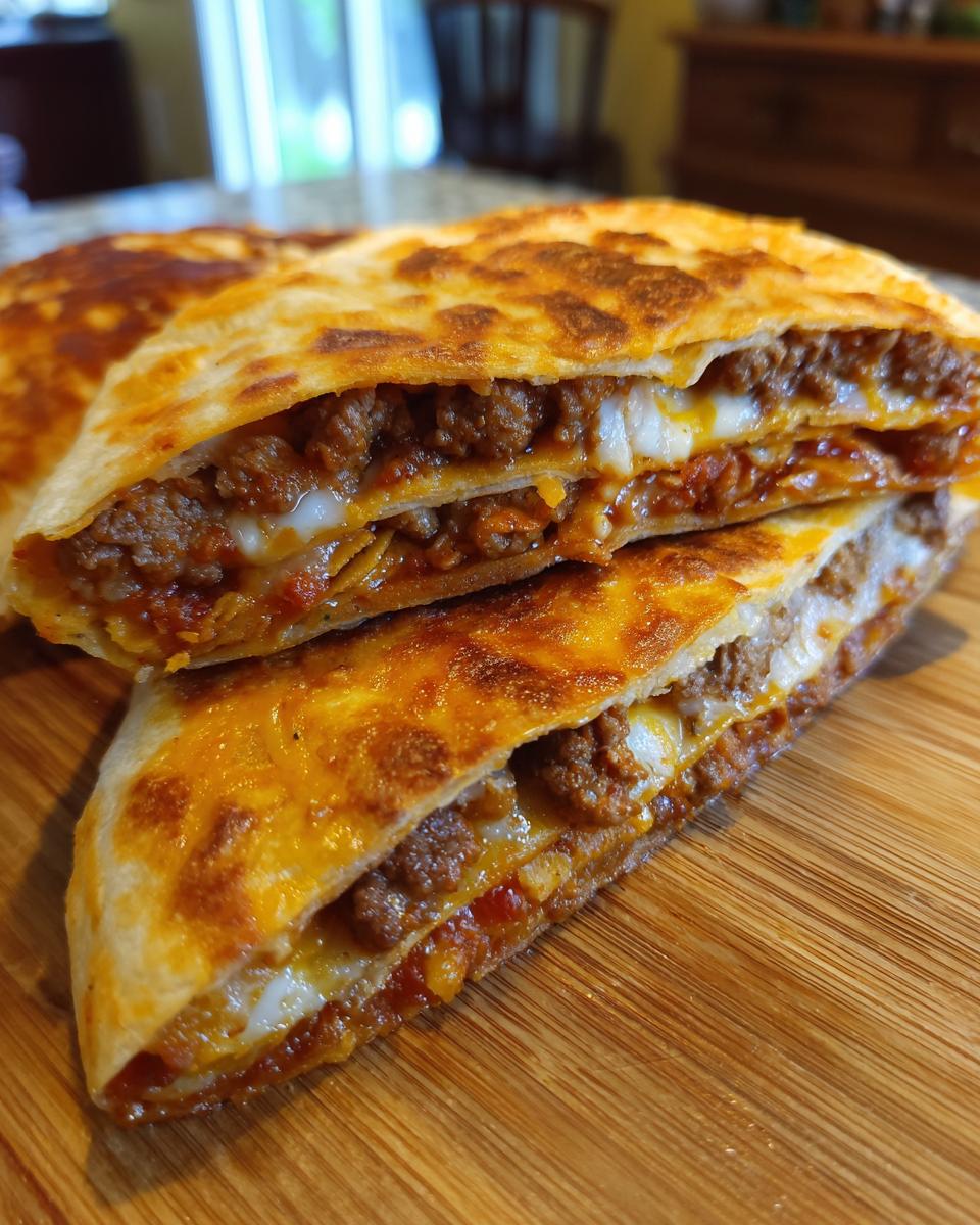 A close-up of a homemade ground beef crunchwrap, cut in half to reveal layers of seasoned ground beef, melted cheese, and salsa.