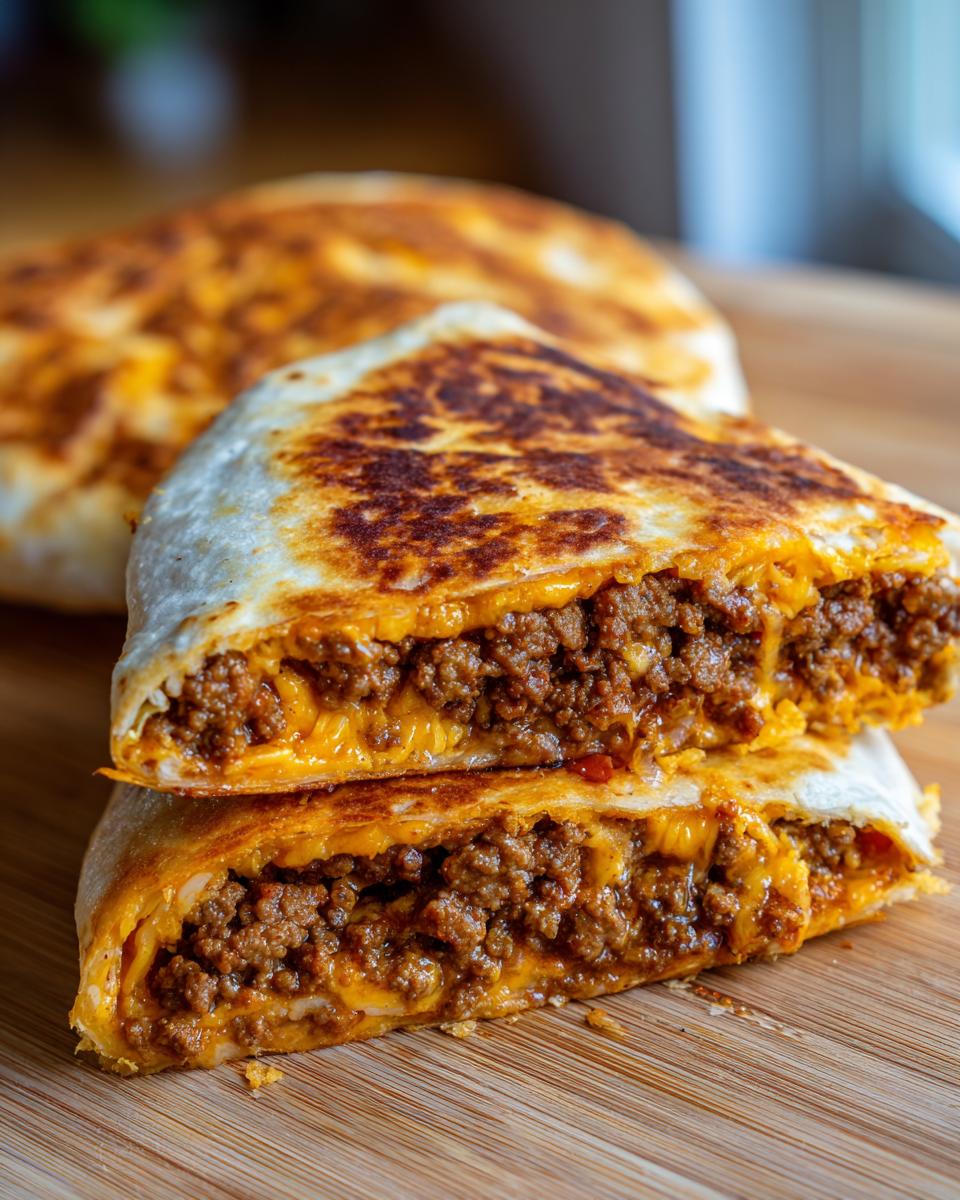 Close-up of two halves of a homemade ground beef crunchwrap, showing seasoned ground beef and melted cheese.