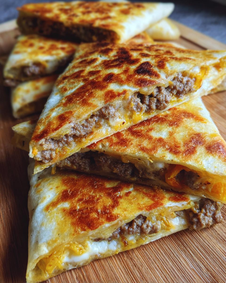 Close-up of golden-brown, triangular slices of homemade ground beef crunchwraps, revealing seasoned ground beef and melted cheese.