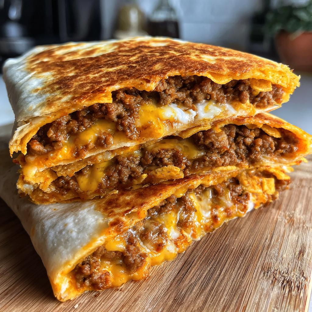 A stack of three delicious homemade crunchwraps filled with seasoned ground beef and melted cheese.