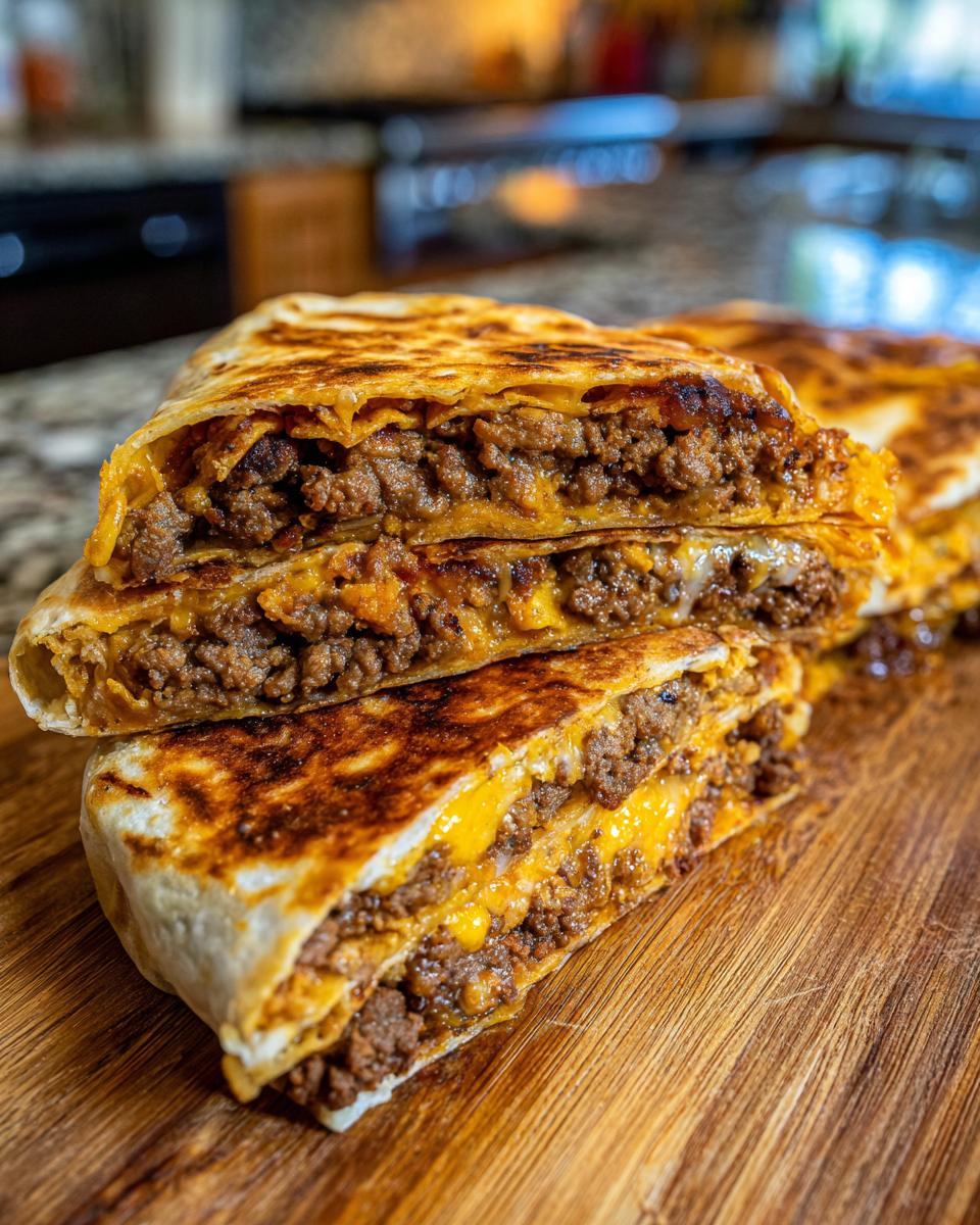 Close-up of stacked homemade ground beef crunchwraps, filled with seasoned ground beef and melted cheese.