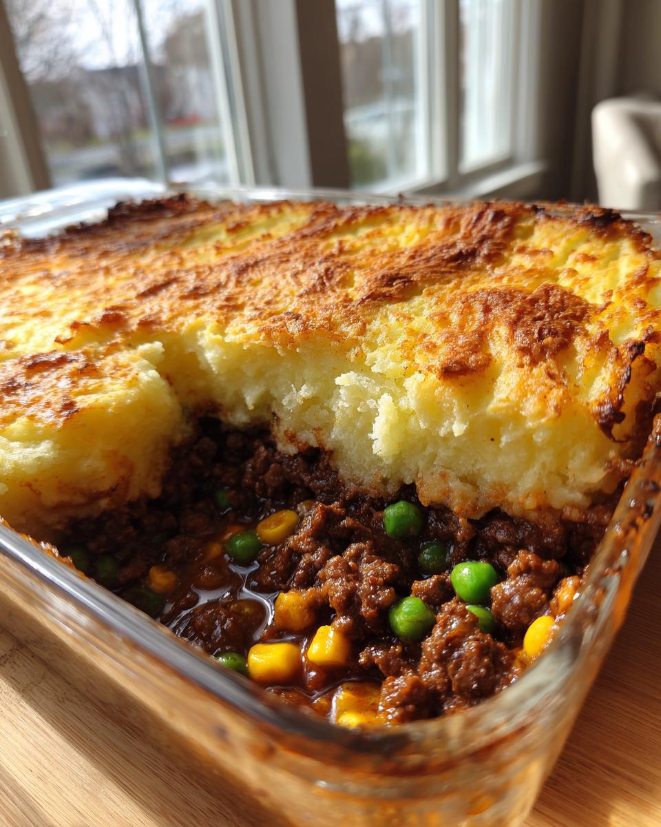 A close-up of a rich and hearty shepherd's pie made with ground beef, peas, and corn, topped with golden mashed potatoes.