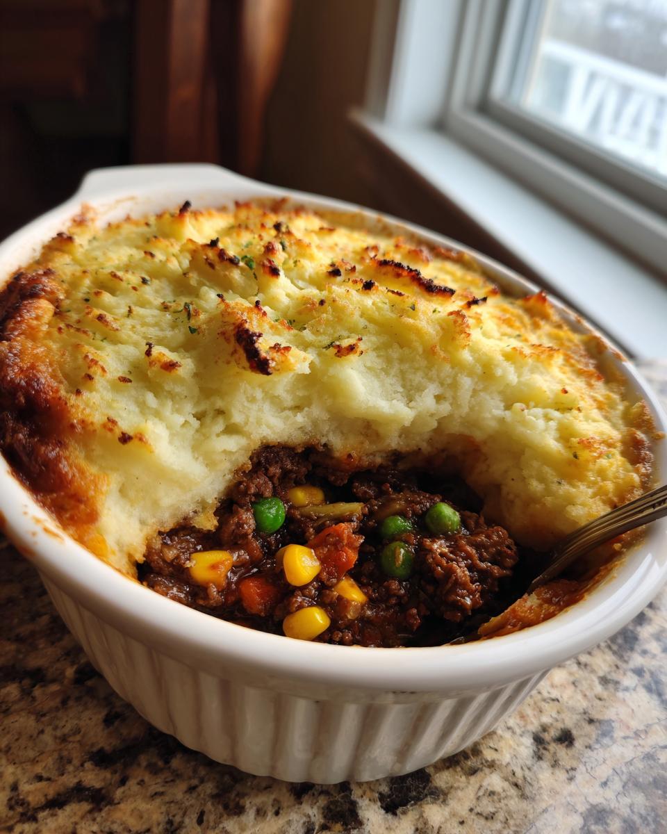 A serving of rich and hearty shepherd's pie made with ground beef, peas, carrots, and corn, topped with mashed potatoes.