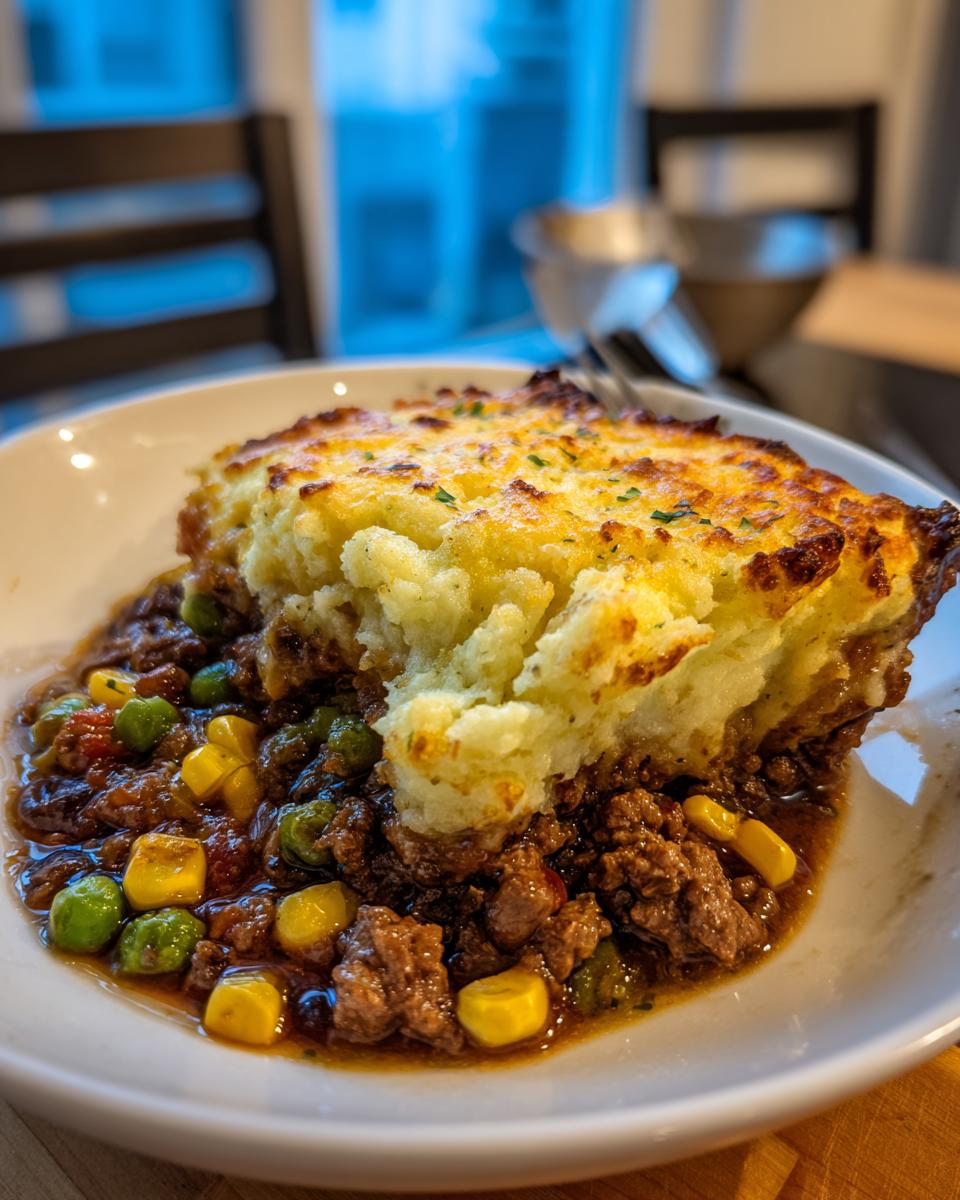 A close-up of a serving of Shepherd's Pie, featuring a rich ground beef and vegetable filling topped with golden mashed potatoes.