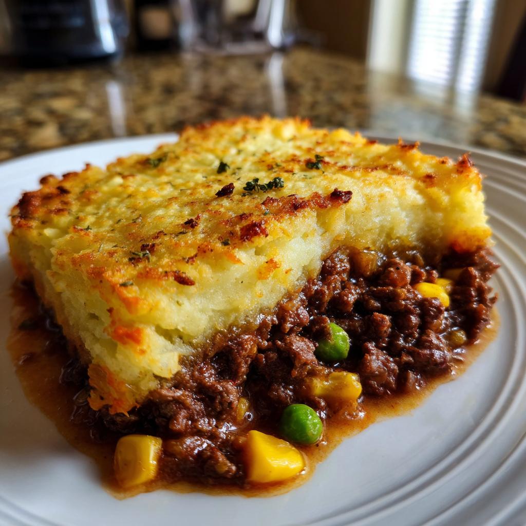 A rich and hearty slice of Shepherd's Pie made with ground beef, peas, and corn, topped with mashed potatoes.