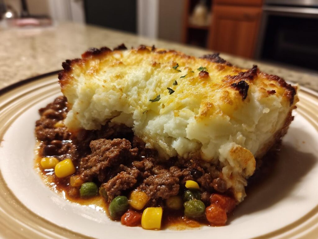 A generous slice of Shepherd's Pie featuring a rich ground beef filling with peas and carrots, topped with golden mashed potatoes.
