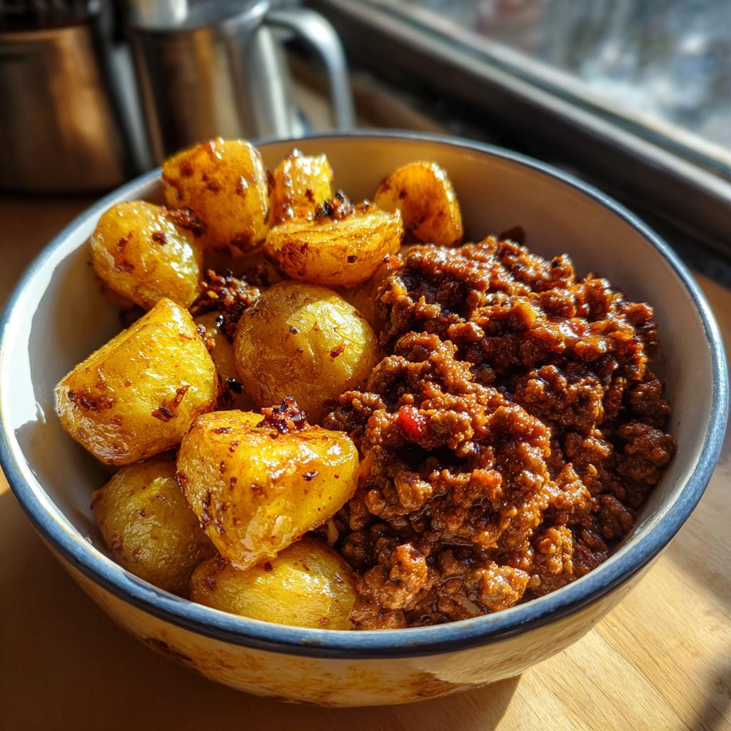 A close-up of a bowl filled with ground beef sloppy joe mixture and crispy roasted potatoes.