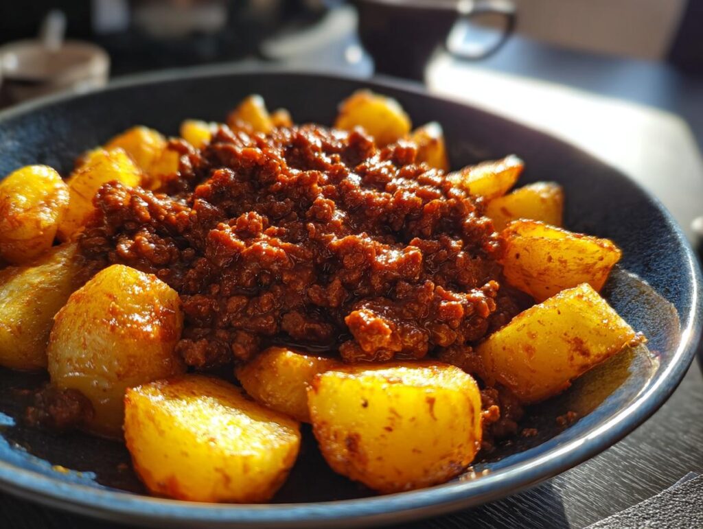 A close-up of a bowl filled with ground beef sloppy joe mixture and crispy potato wedges.