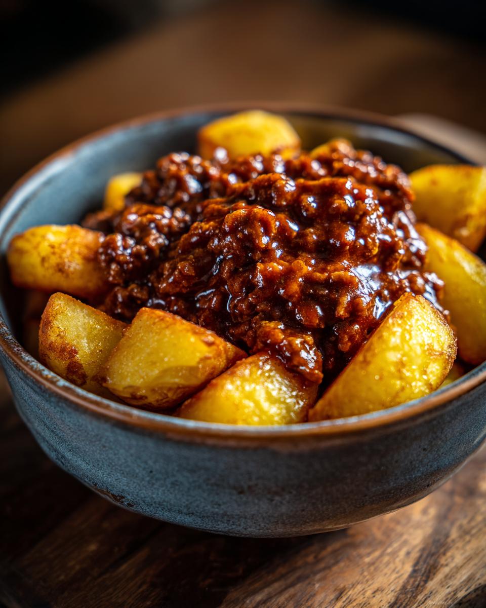 A close-up of a bowl filled with crispy potato wedges topped with savory ground beef sloppy joe mixture.
