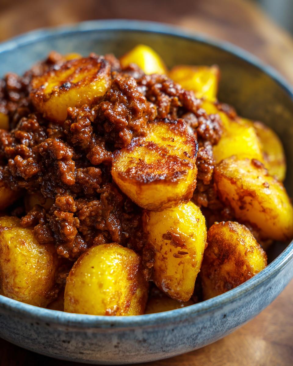 A close-up of a blue bowl filled with crispy potatoes and savory ground beef sloppy joe mixture.