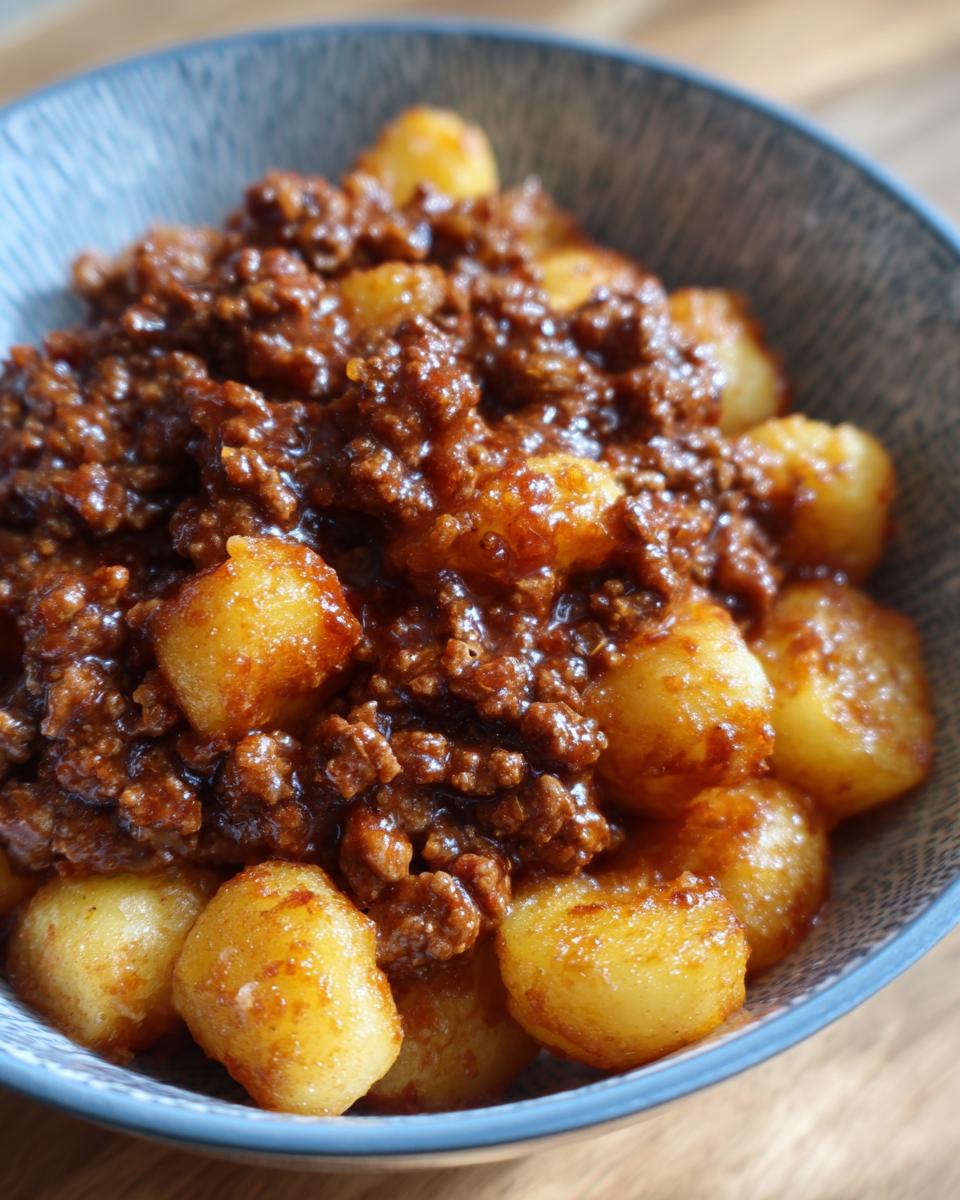 A close-up of a bowl filled with crispy potatoes topped with savory ground beef sloppy joe mixture.