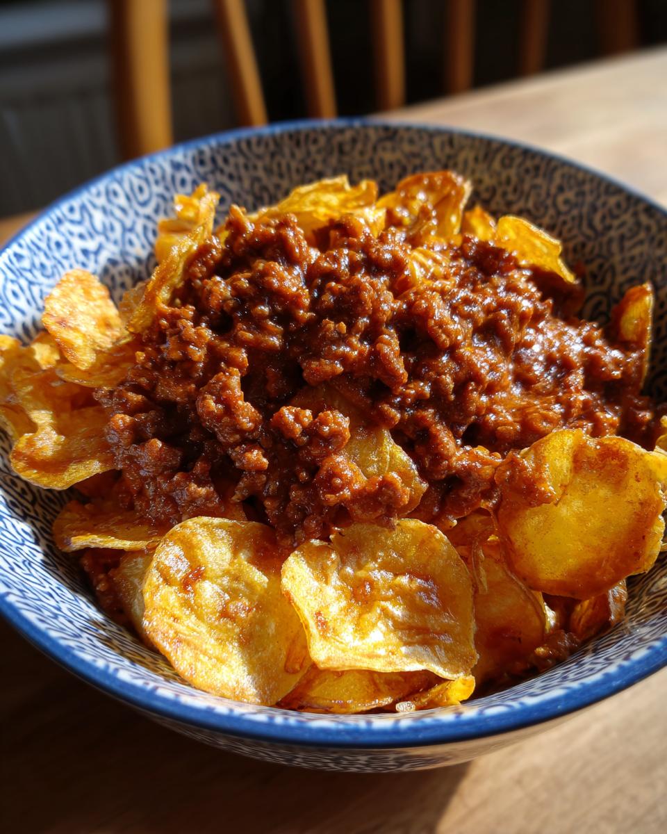 A close-up of a blue and white patterned bowl filled with crispy potato chips topped with savory ground beef sloppy joe mixture.