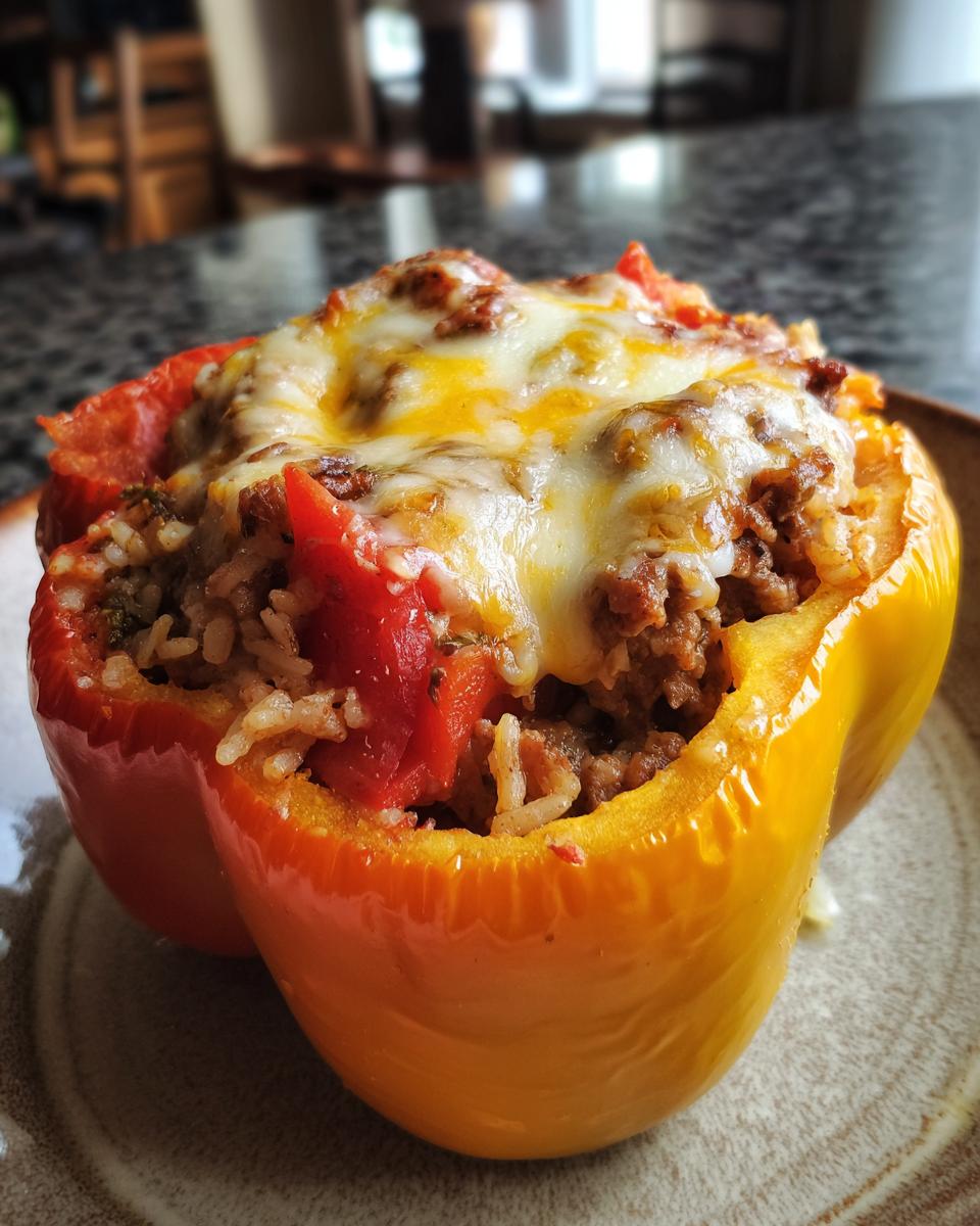 A close-up of a yellow bell pepper stuffed with ground beef, rice, and topped with melted cheese.