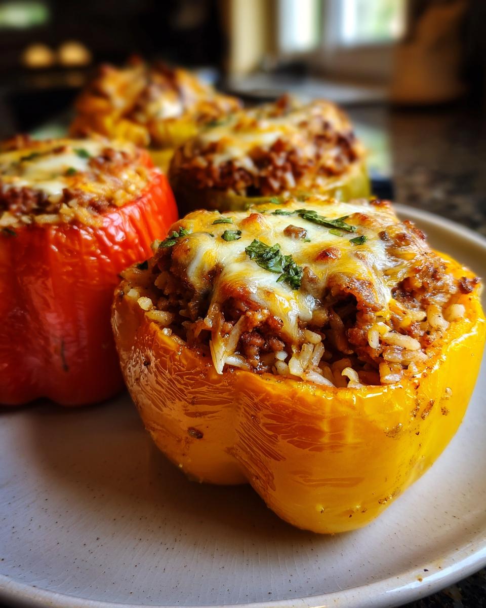 Close-up of a yellow bell pepper stuffed with ground beef and rice, topped with melted cheese and herbs.
