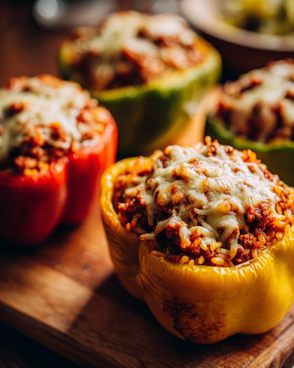 Close-up of colorful ground beef stuffed bell peppers topped with melted cheese.