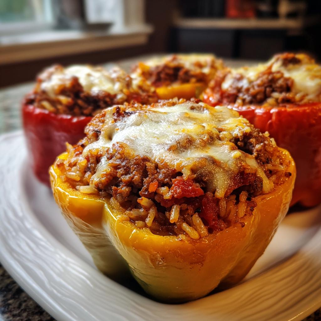 Close-up of yellow and red bell peppers stuffed with a savory ground beef and rice mixture, topped with melted cheese.